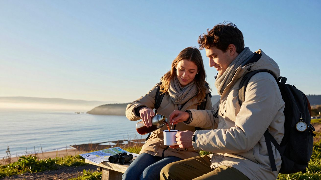 Casal apreciando café numa manhã fria, sentado num banco com vista para o mar e céu azul claro.