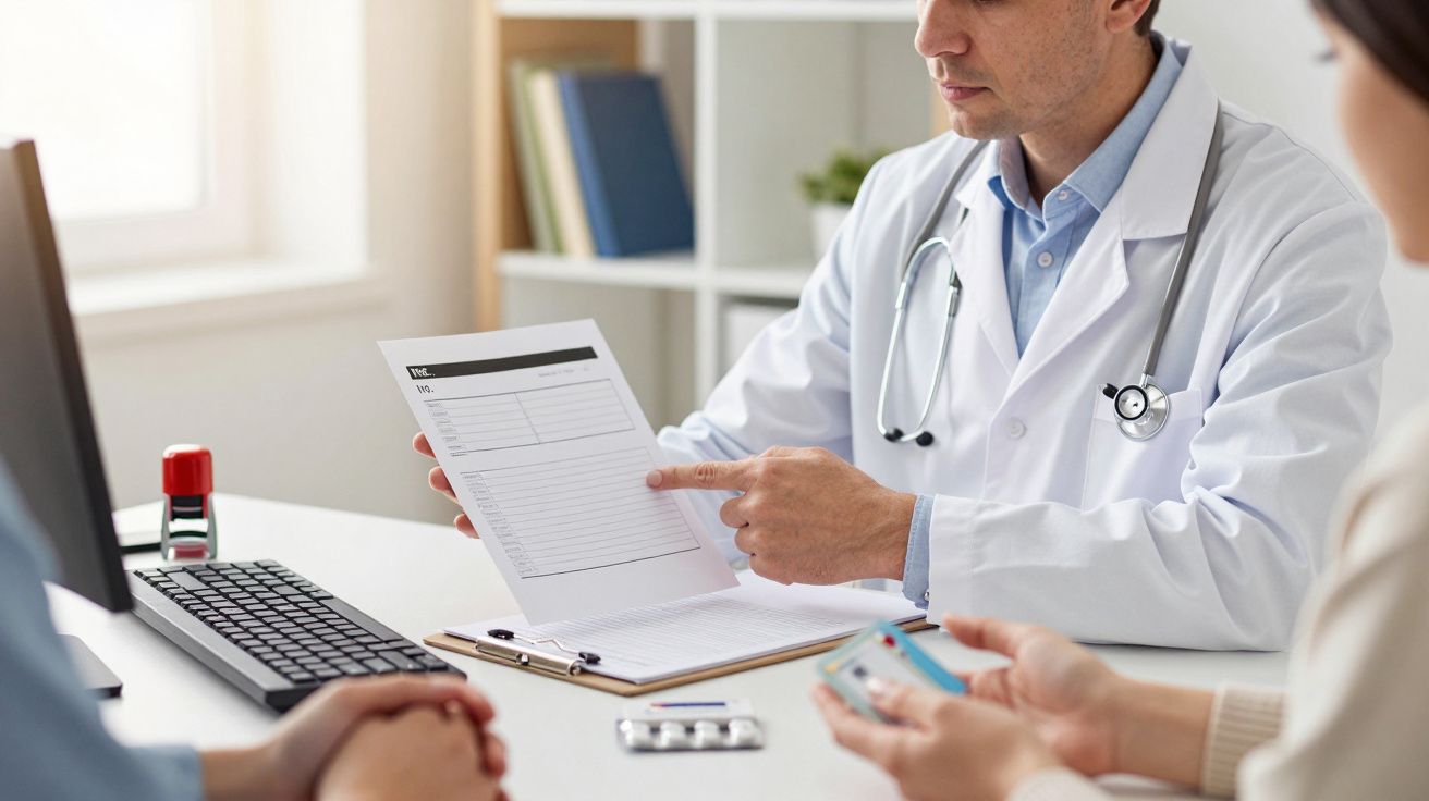 Médico de bata branca aponta para documento durante consulta, com pacientes observando e medicamentos sobre a mesa.