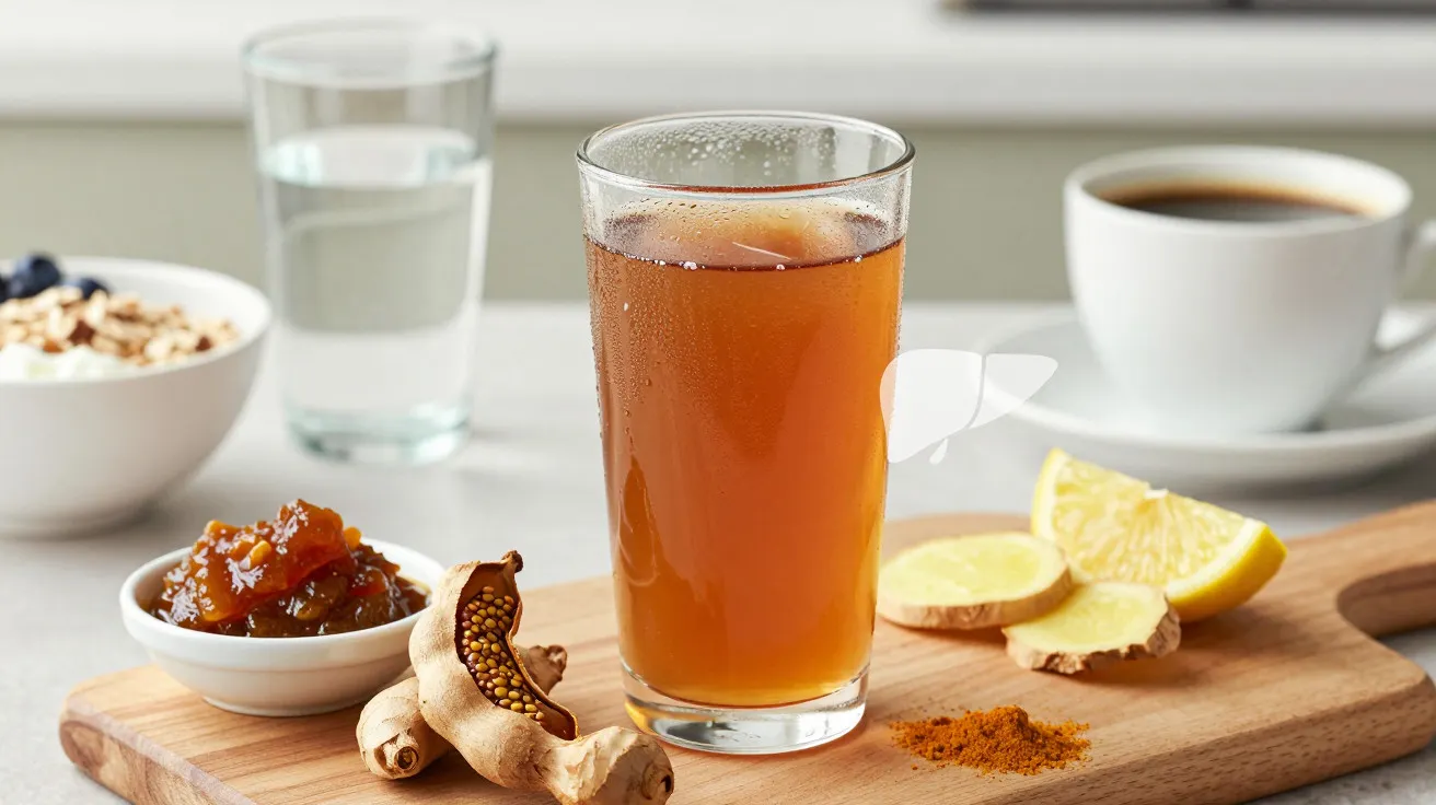 Copo de chá com limão e gengibre em tábua, ao lado de pimenta, compota, iogurte e café.