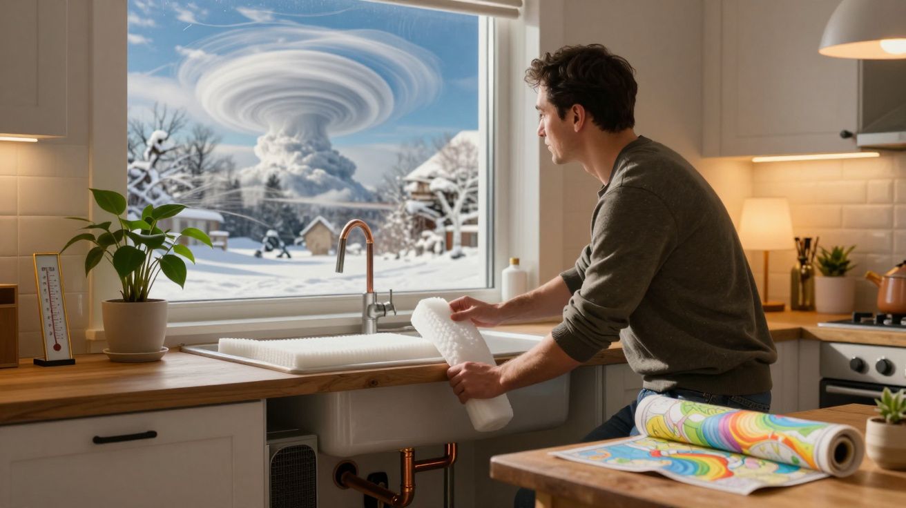 Homem numa cozinha observa, pela janela, uma nuvem de vapor gigante no céu de uma paisagem nevada.
