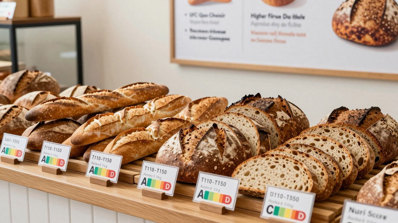 Pães variados em exposição numa padaria, com etiquetas indicando tipo e classificação de qualidade de farinha.