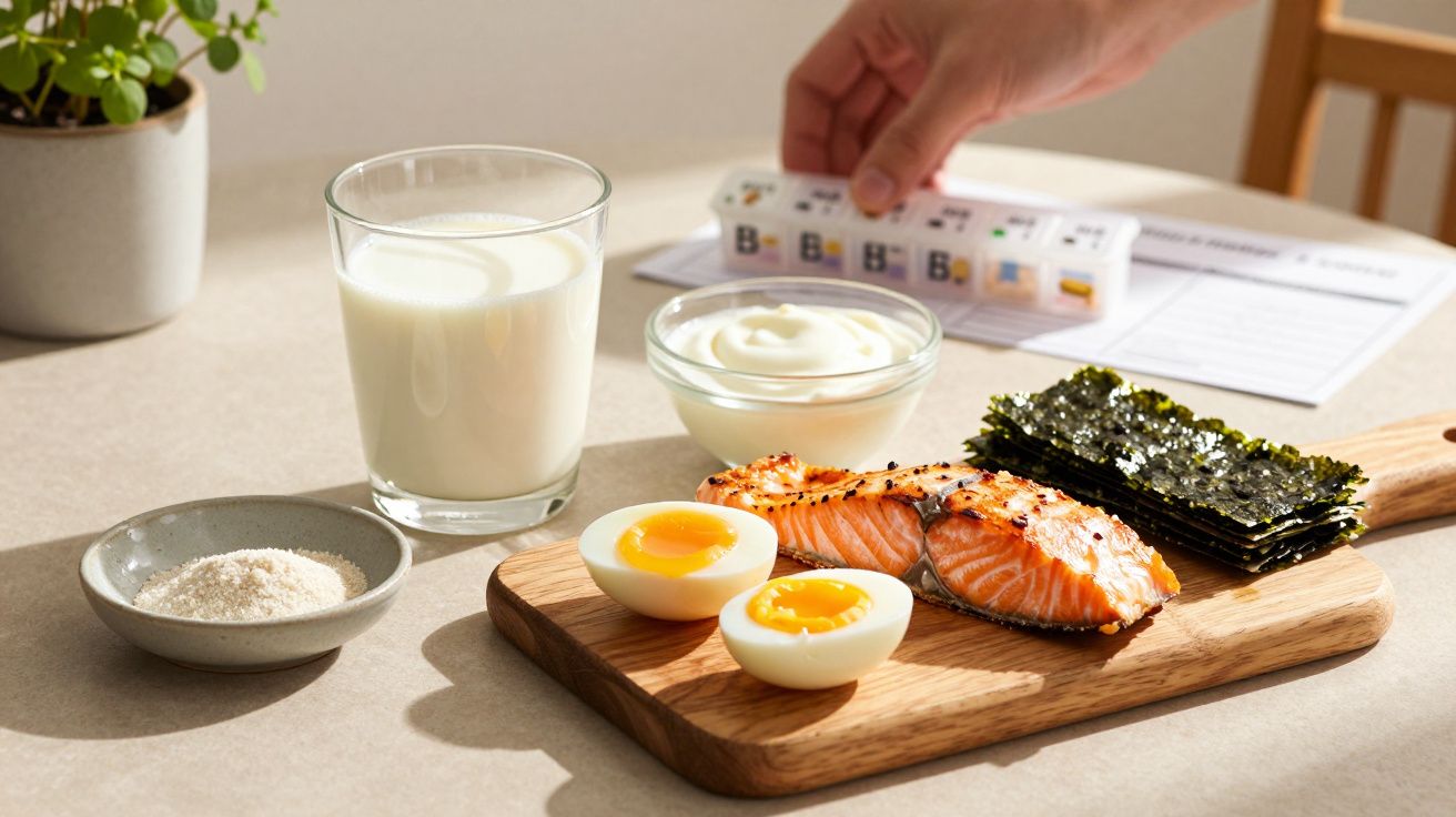 Salmão grelhado, ovos cozidos, algas, iogurte, leite e sal numa mesa, com mão a pegar em caixa de comprimidos.